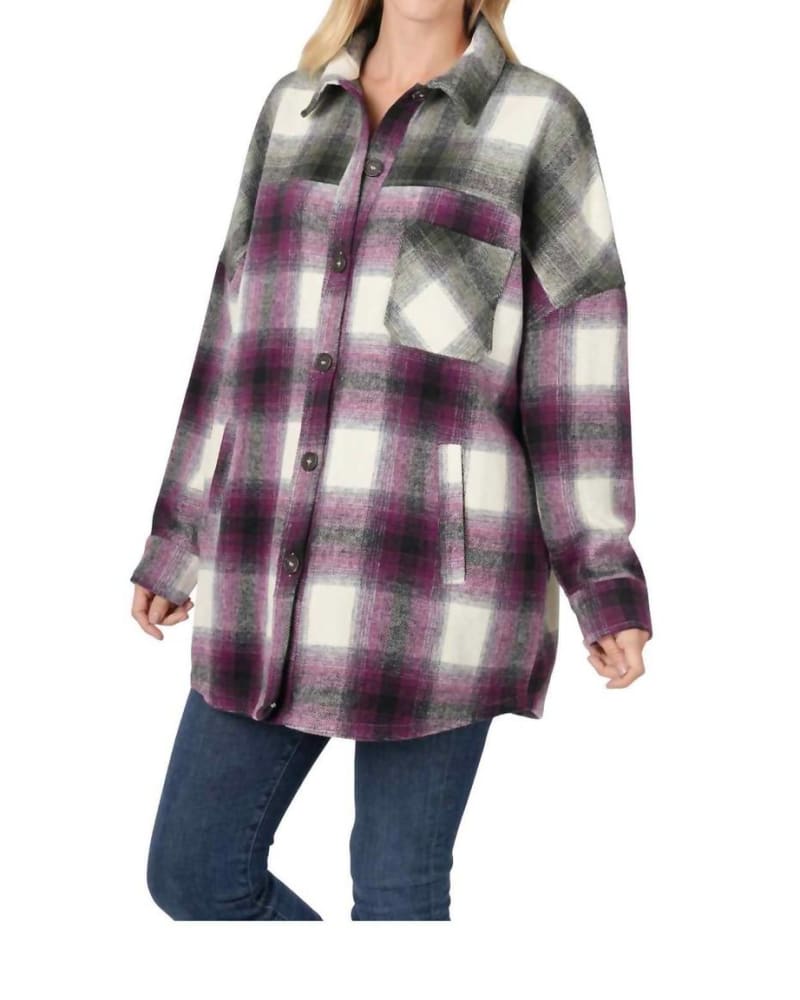 Front of a model wearing a size 3X Oversized Yarn Dyed Plaid Shacket in Eggplant/Olive in Eggplant/Olive by Zenana. | dia_product_style_image_id:326368